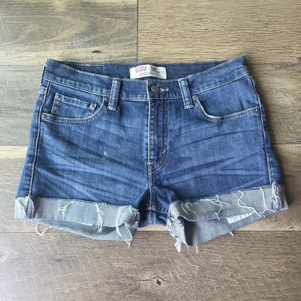 Levis 510 Super Skinny Denim Shorts Dark Wash Cut Off Raw Hem W30 L32 Blue